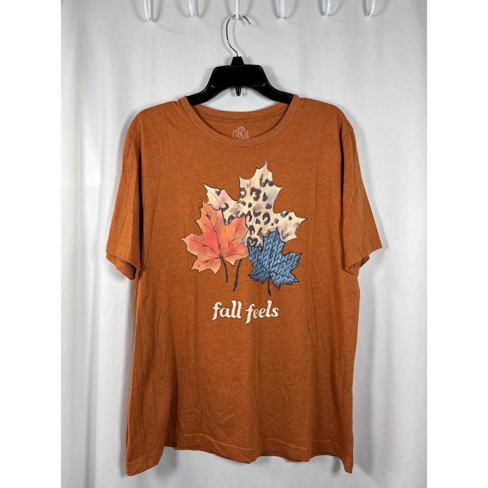Haute Mess Womens XL Fall Feels Graphic Tee Burnt Orange Leopard Leaf T-Shirt